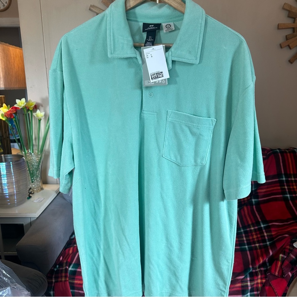 H&M Light Green Men's Terry Cloth Polo Shirt